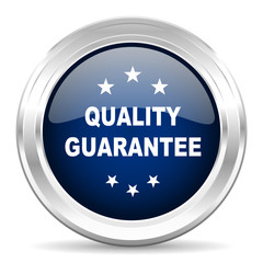 quality guarantee cirle glossy dark blue web icon on white background