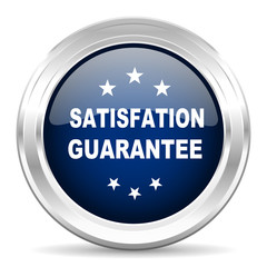 satisfaction guarantee cirle glossy dark blue web icon on white background