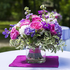 Fine Banquet Table Setting With Bouquet. Selective focus