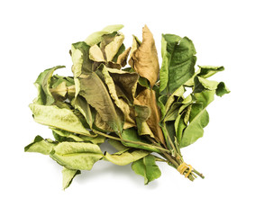 kaffir lime leaves, thai dry herb isolated on white background