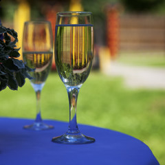 Fototapeta premium bridal bouquet and two glasses of champagne.