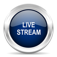 live stream cirle glossy dark blue web icon on white background