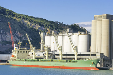 Carguero en los silos del puerto de Barcelona