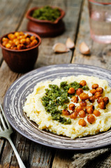 cheese polenta with Basil nuts pesto and roasted spicy chickpeas