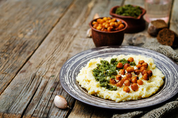 cheese polenta with Basil nuts pesto and roasted spicy chickpeas