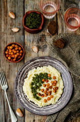 cheese polenta with Basil nuts pesto and roasted spicy chickpeas
