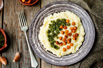 cheese polenta with Basil nuts pesto and roasted spicy chickpeas