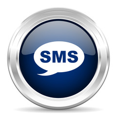 sms cirle glossy dark blue web icon on white background