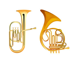 French Horn and Tuba - Brass Musical Instruments, Vector Illustrations isolated on white