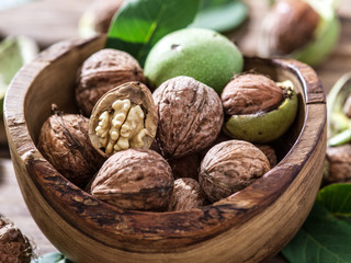 Walnuts in the wooden bowl.