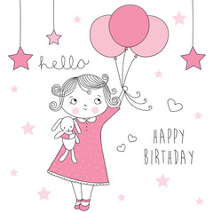 girl with bunny and balloon vector illustration