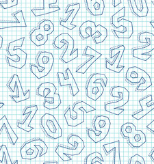 Hand drawn monochrome seamless numbers pattern, vector repeatable numbers background school style
