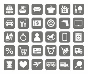 Icons, online store, product categories, monotone, grey background. 