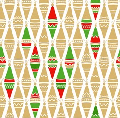 Christmas toys, gold, red, green, white background, seamless. 