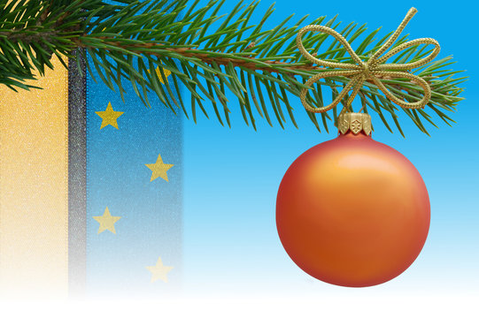 Christmas Ornament Background With Real Spruce Branch And Orange Bauble