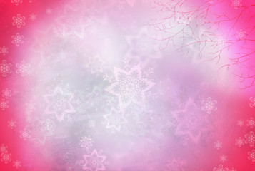 Pretty pink background with white snowflakes, branch and flowers