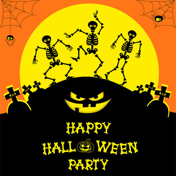 Vector Halloween banner with skeletons, pumpkin, scary face