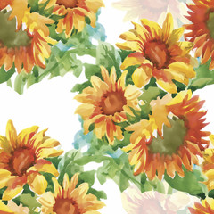 Seamless pattern with yellow sunflowers painted in watercolor on