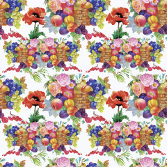 Fototapeta na wymiar Fruits and flowers, watercolor seamless pattern.