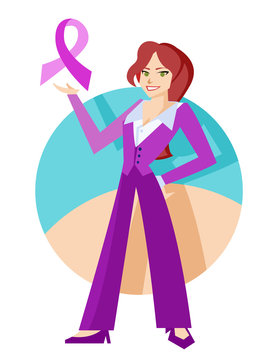mujer sosteniendo el s&iacute;mbolo del lazo rosa de prevenci&oacute;n de c&aacute;ncer de mama