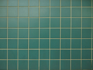 Green square tiles cladding background.