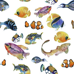 Marine life watercolor seamless pattern with Tropical fish  - 93143766