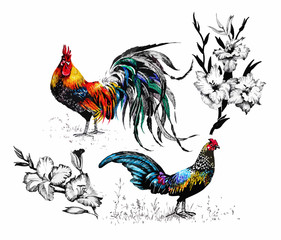 Seamless watercolor pattern with farm roosters silhouettes and - 93143958