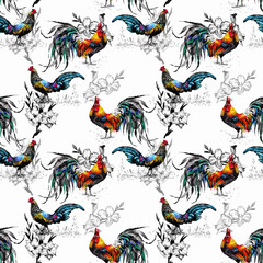 Seamless watercolor pattern with farm roosters silhouettes and