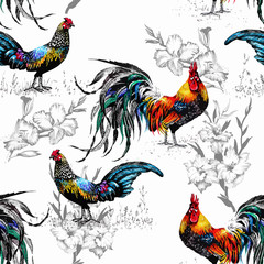 Seamless watercolor pattern with farm roosters silhouettes and - 93143971