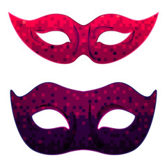 Vector carnival mask set for man and woman with abstract ombre pixel art background