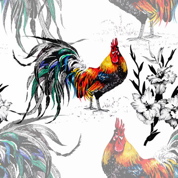 Seamless watercolor pattern with farm roosters silhouettes and