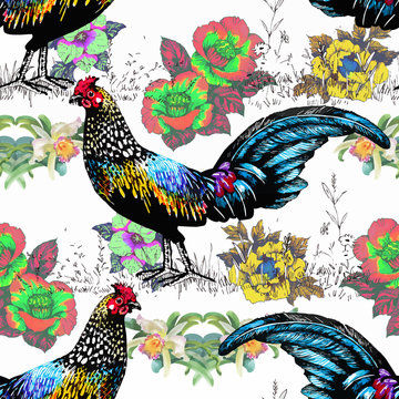 Seamless watercolor pattern with farm roosters silhouettes and