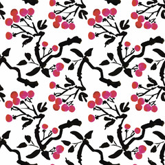 Watercolor garden rowan plant seamless pattern 