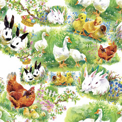 Little fluffy cute watercolor ducklings, chickens and hares with