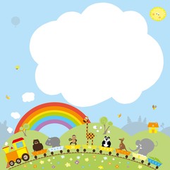 Animals train and the rainbow on colorful background with space for text