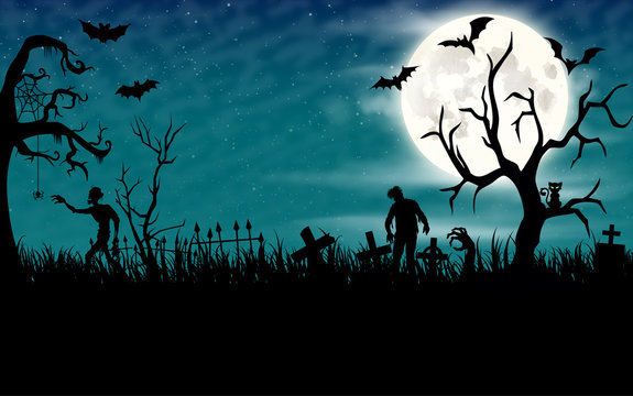 Halloween night wallpaper with zombies and full moon