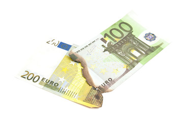 burnt euros banknotes on white