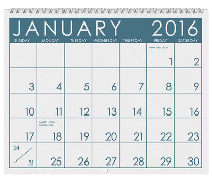 2016 Calendar: Month Of January With Holidays
