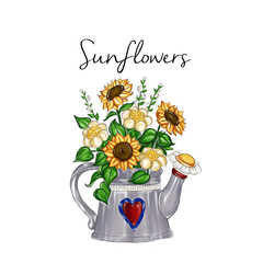 Obraz premium watercolor hand drawn illustration - sunflower bouquet inside watering metal can 