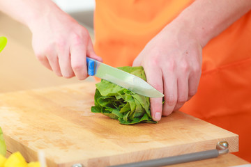 man preparing vegetables salad cutting lettuce