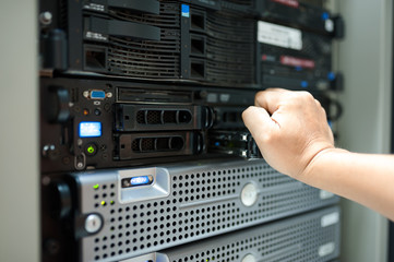 Man fix server network in data center room