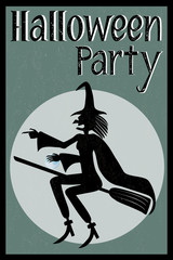 Halloween party card with a witch flying in a broom