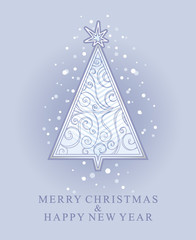 Beautiful Christmas tree. Merry Christmas and Happy New Year vector card.