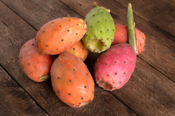 prickly pear collected and laid on wooden board