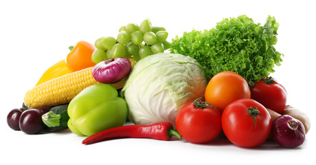 Fresh vegetables and fruits  isolated on white