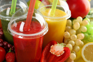 Fresh juice mix fruit, healthy drinks on wooden table background