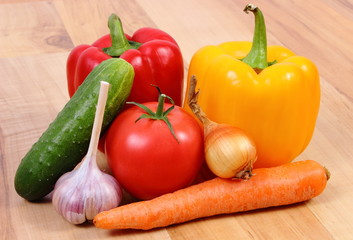 Fresh ripe vegetables on wooden surface, healthy lifestyle and nutrition