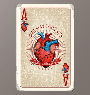 Vintage playing card ace of hearts with human heart illustration