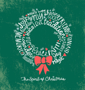 Handwritten Word Cloud Christmas Wreath Holiday Greeting Card 