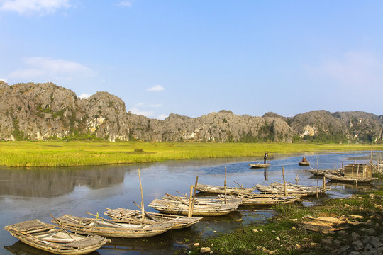 Landscape in Van Long natural reserve in Ninh Binh, Vietnam. Vietnam landscapes.